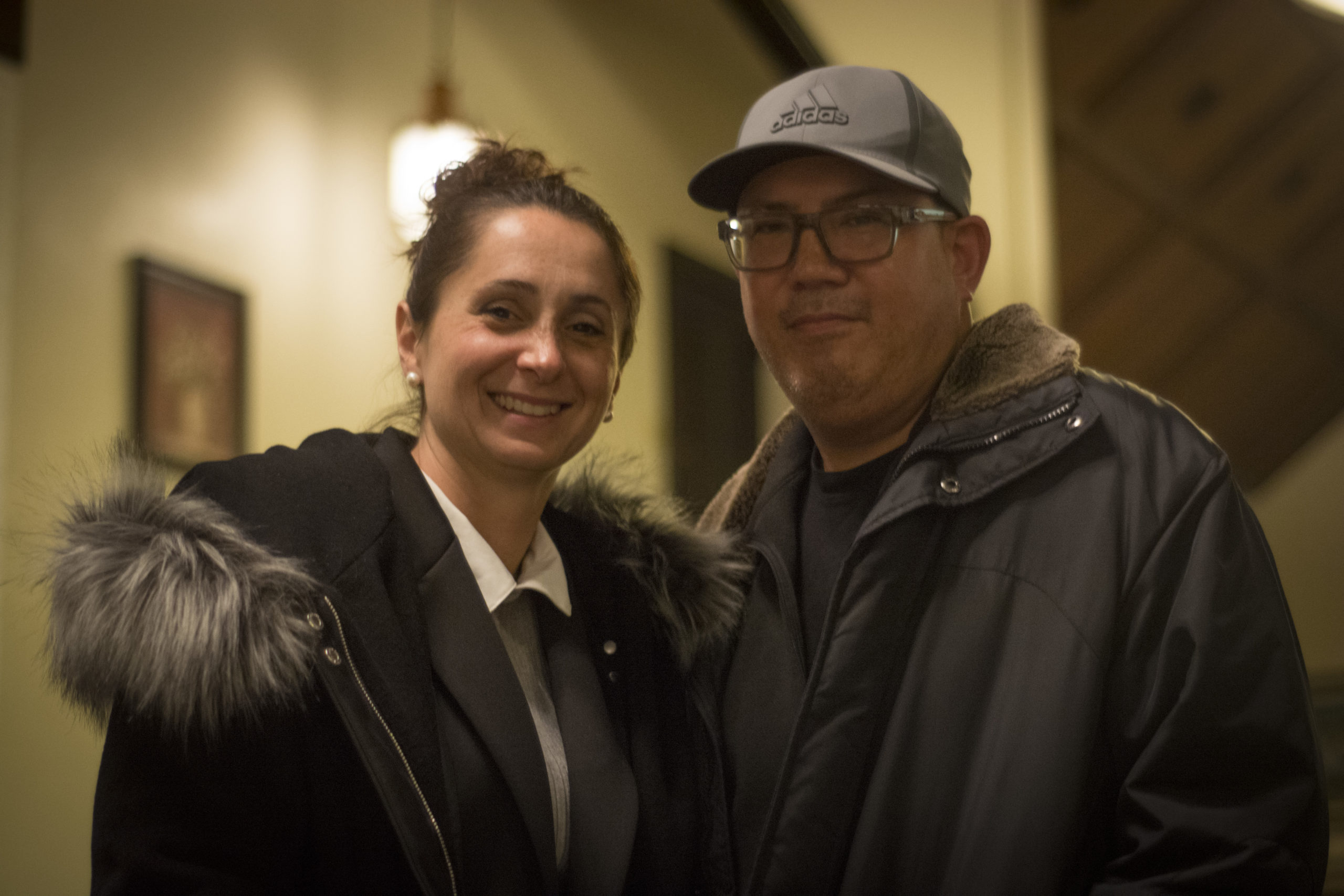 Tina Stellato and her husband Rob Villegas stayed at Great Neck House past midnight to hear the final results and shake hands with supporters. Stellato won 700 - 490. (Photo by Janelle Clausen)