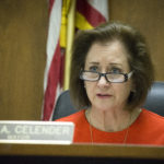 Great Neck Plaza Mayor Jean Celender, as seen here at a previous meeting, wants to implement stricter rules about completing projects on time. (Photo by Janelle Clausen)
