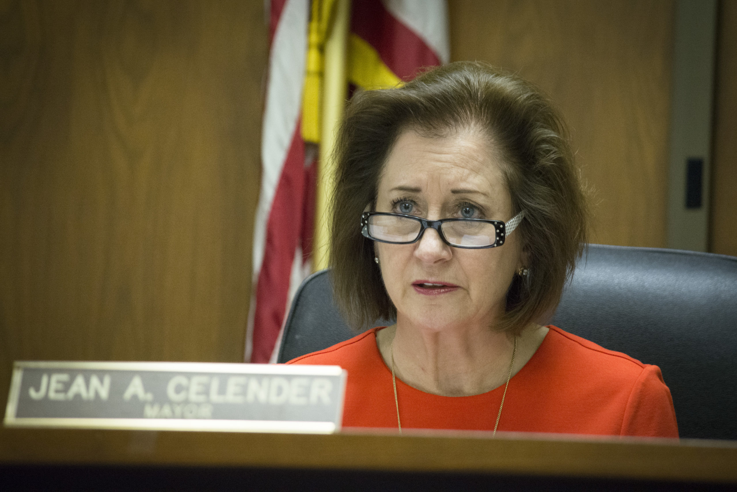 Great Neck Plaza Mayor Jean Celender, as seen here at a previous meeting, wants to implement stricter rules about completing projects on time. (Photo by Janelle Clausen)