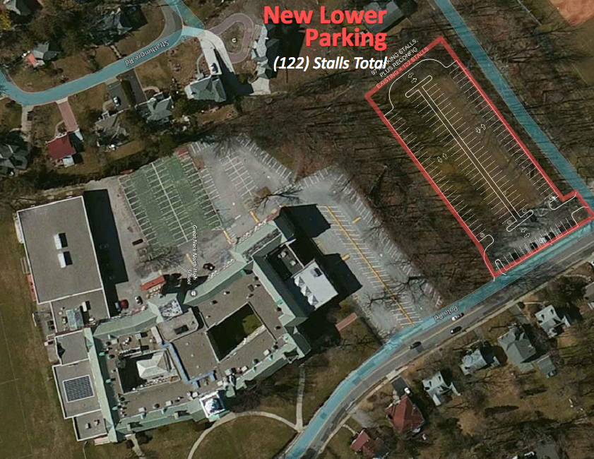 An aerial shot of the proposed parking lot, as seen on page 26 of an April 3, 2017 presentation regarding the bond, shows the project would involve adding 97 new stalls and reconfiguring the current lot. (Photo courtesy of the Great Neck Public Schools)