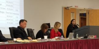 Sydney Freifelder, the assistant superintendent for business, outlines the overall budget before administration heads focus on specific line items. (Photo by Janelle Clausen)
