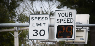 11 villages throughout the North Shore will be getting speed radar signs, like this one seen on Roslyn Road, in hopes of getting people to slow down. (Photo by Janelle Clausen)