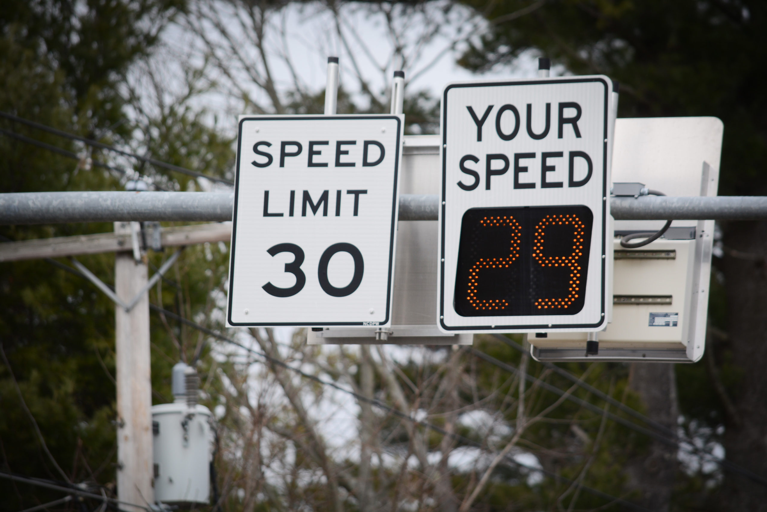 11 villages throughout the North Shore will be getting speed radar signs, like this one seen on Roslyn Road, in hopes of getting people to slow down. (Photo by Janelle Clausen)