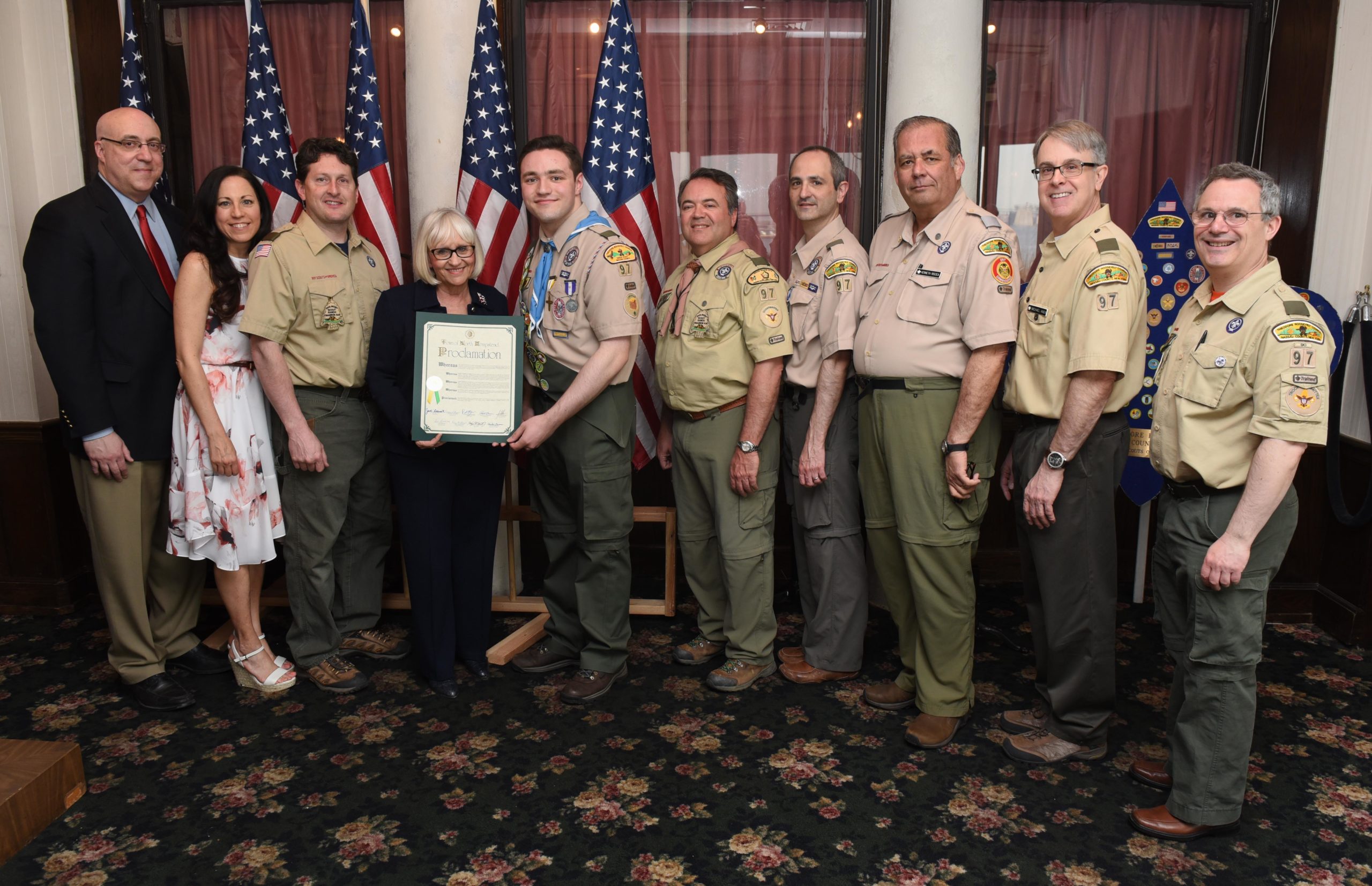 Joseph Cuomo, Jan Cuomo, Lee Decker, Supervisor Judi Bosworth, Jason Cuomo, John Walter, John D’Angelo, Ken Riscica, Mike Knox and Martin Miller at Jason Cuomo’s Eagle Scout Court of Honor Ceremony. (Photo courtesy of the Town of North Hempstead)