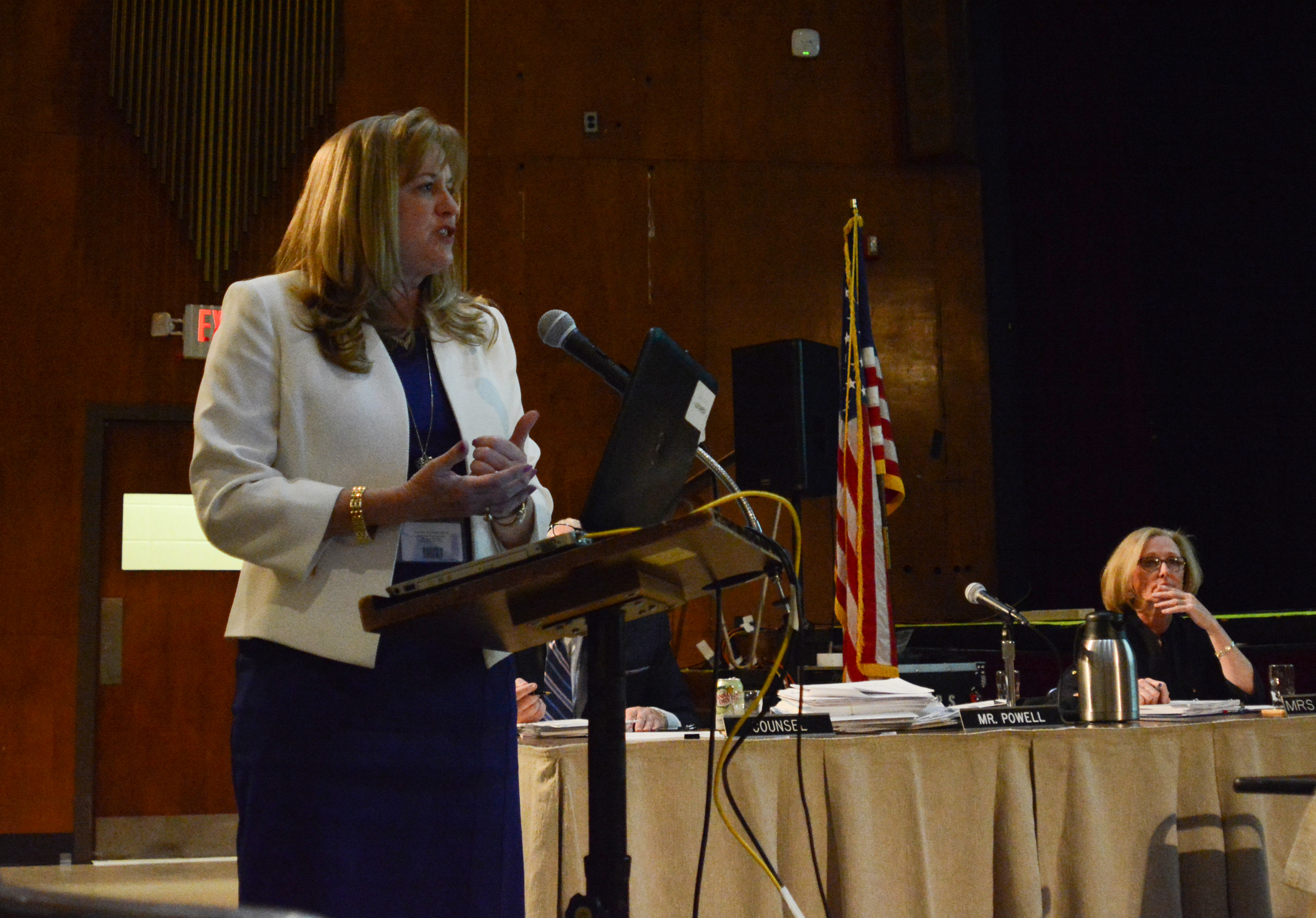 Great Neck Superintendent of Schools Teresa Prendergast discusses the new proposed budget at a school board meeting. (Photo by Janelle Clausen)