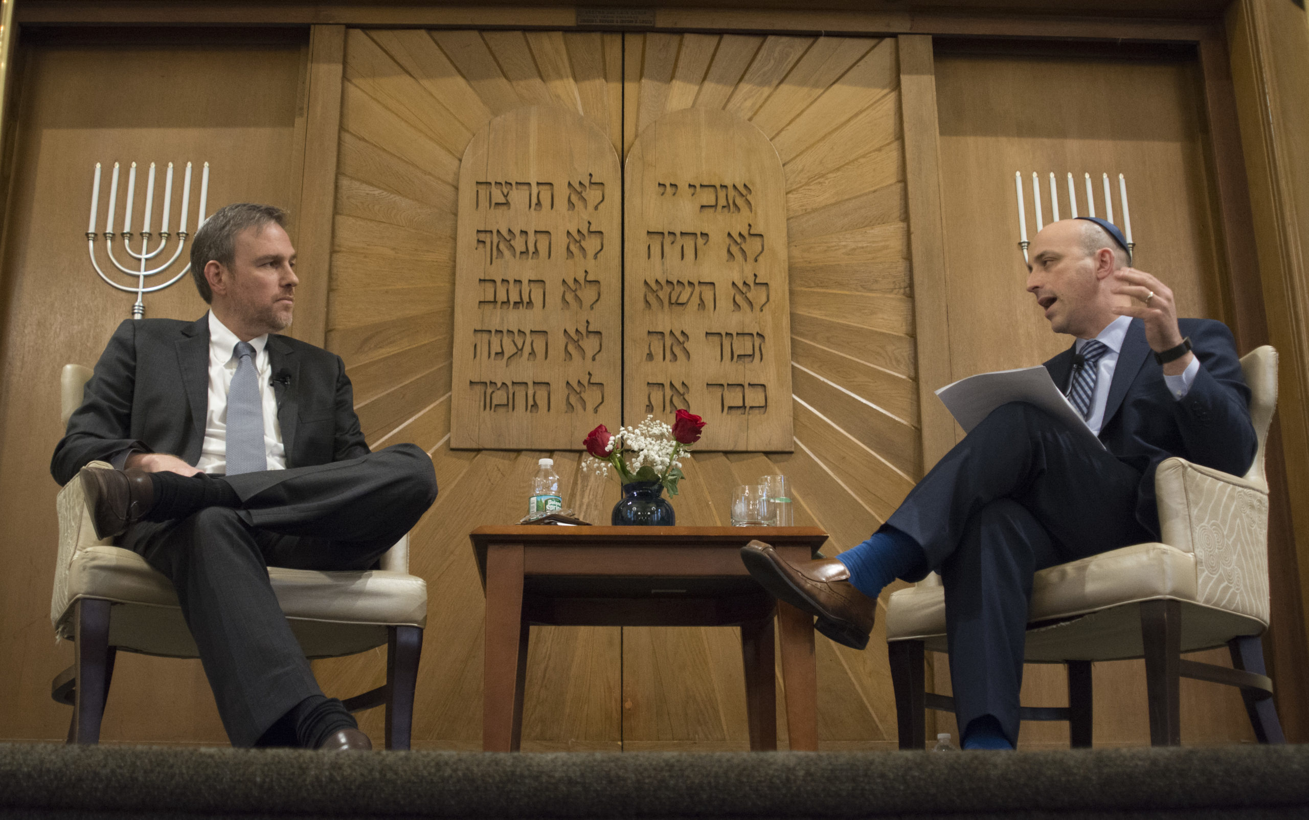 Bret Stephens and Jonathan Greenblatt discussed Antisemitism, the Middle East and the state of the nation at Temple Israel on Sunday night. (Photo by Janelle Clausen)