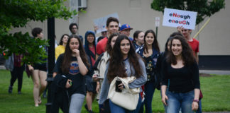 Great Neck North High School students, after working with administrators, walked out of class to rally for gun reform at the Village Green. (Photo by Janelle Clausen)
