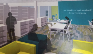 The Station Branch space redesign, as currently laid out, would feature patterned green, blue and grey carpeting with walls and furniture to complement it. (Photo rendering from MDA designgroup)