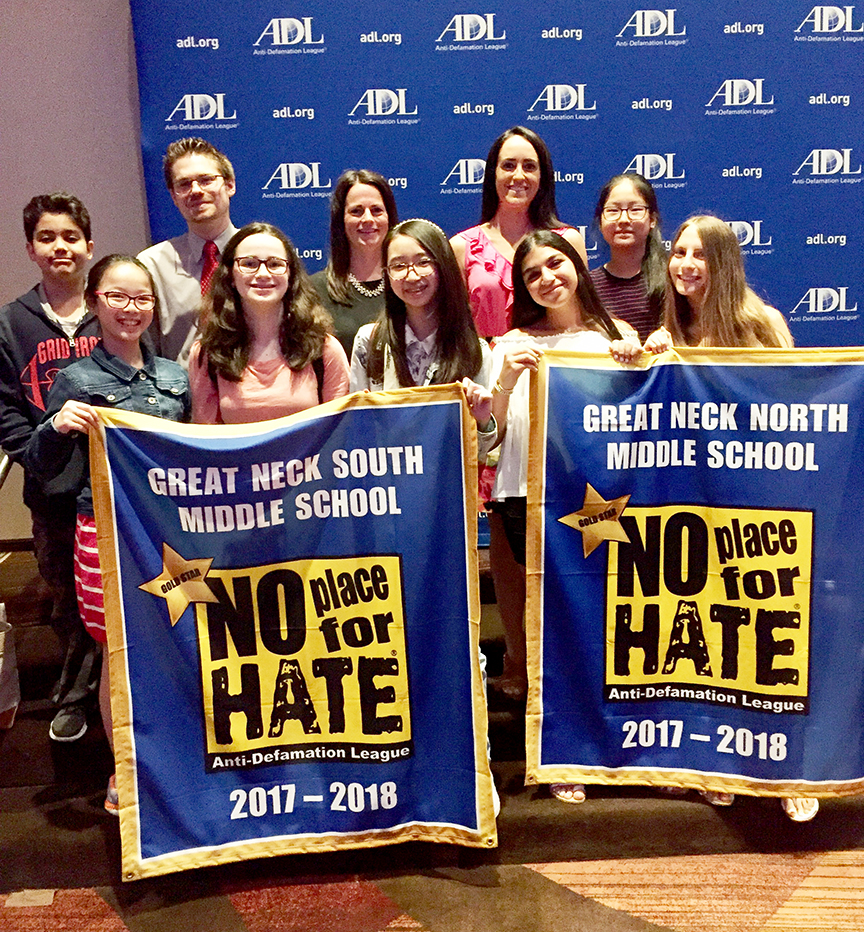 North Middle and South Middle Schools received their No Place for Hate banners. (Photo courtesy of the Great Neck Public Schools)