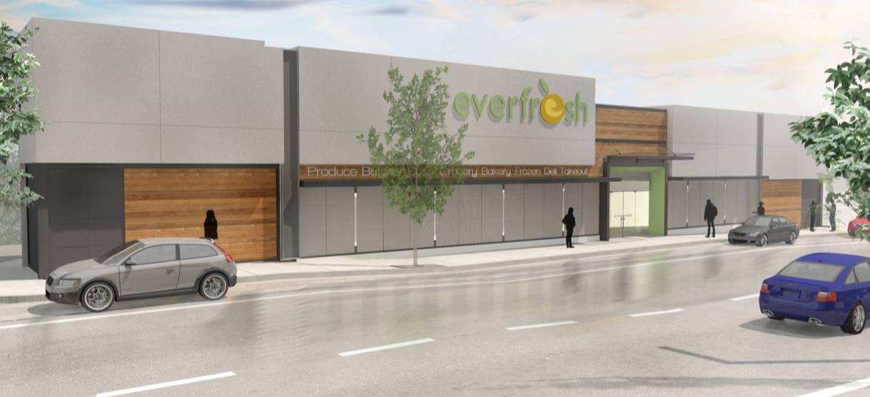 The renovated facade for Everfresh on Middle Neck Road would utilize wood cladding, textured stone panels and aluminum. (Photo rendering from Mojo Stumer)