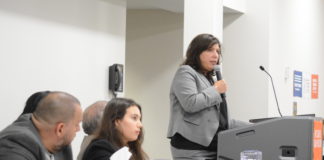 Nassau County DA Madeline Singas and other panelists addressed an audience at a gun violence prevention forum at the Great Neck Library on Thursday. (Photo by Janelle Clausen)