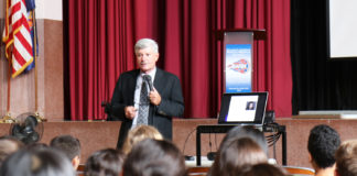 Detective Rory Forrestal visited Great Neck North Middle School to teach students about Internet safety. (Photo courtesy of the Great Neck Public Schools)