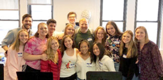 Fiona Lyngstad-Hughes and Maggie Roach were among the high school students selected to perform at the Broadway Back to School benefit in New York City on Sept. 23. The student participants are pictured here with Broadway actor Hunter Bell, in center, who served as emcee and co-producer for the event. (Photo courtesy of the Great Neck Public Schools)