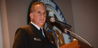 New U.S. Merchant Marine Academy Superintendent Jack Buono addresses friends, family, colleagues and midshipmen after being sworn in. (Photo by Janelle Clausen)