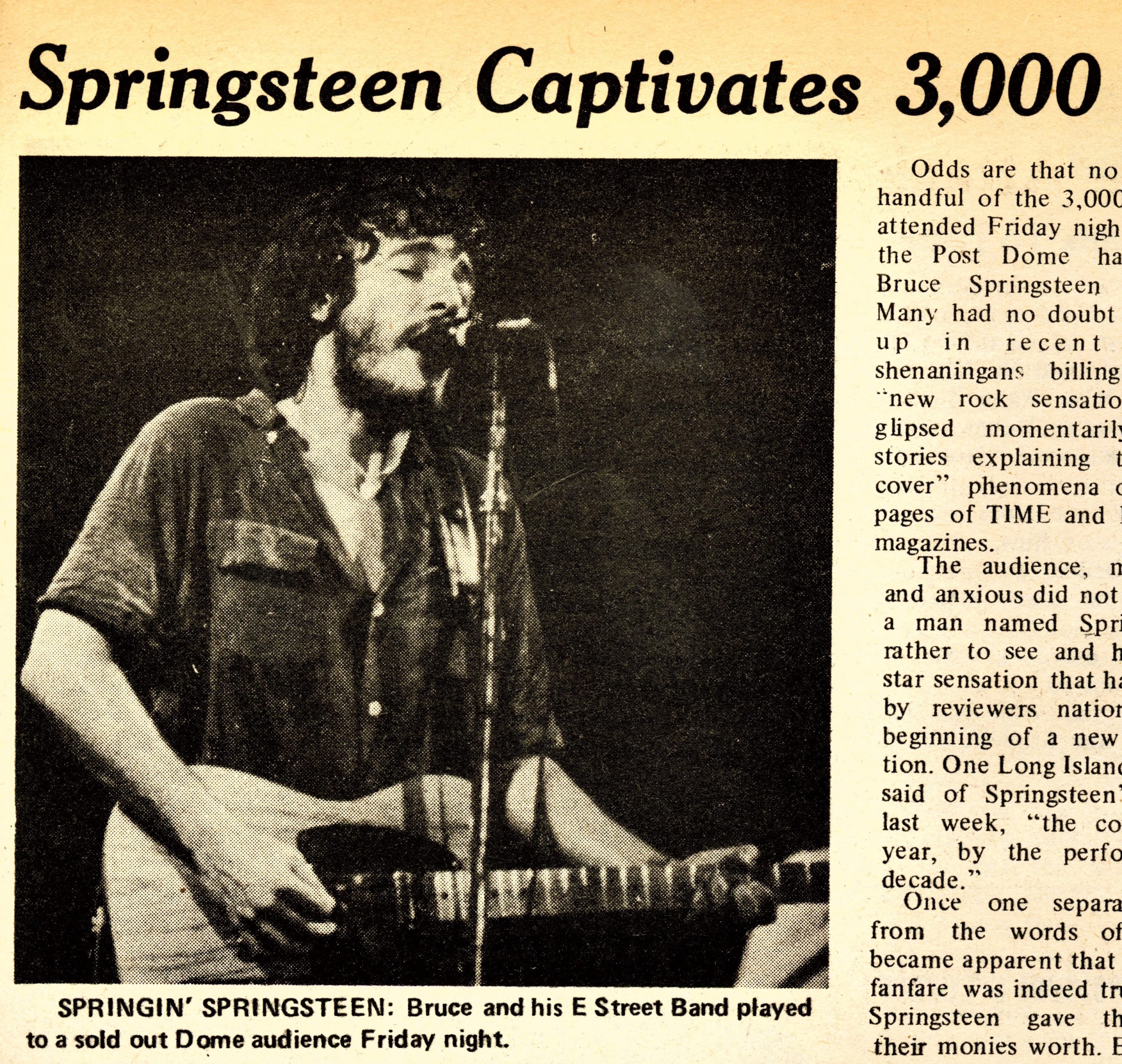 The Dec. 17, 1975 review in LIU Post's 'The Pioneer' for Bruce Springsteen's performance. (Image courtesy of LIU Post Special Collections Department)
