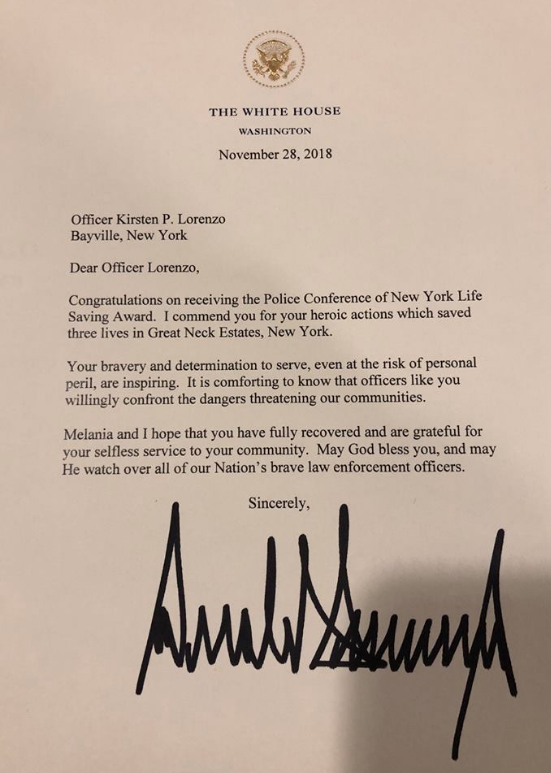 President Donald Trump sent a letter to two local police officers late last month, including this one to Officer Kirsten Lorenzo, praising them for their service. (Photo from Nassau County Police Department)
