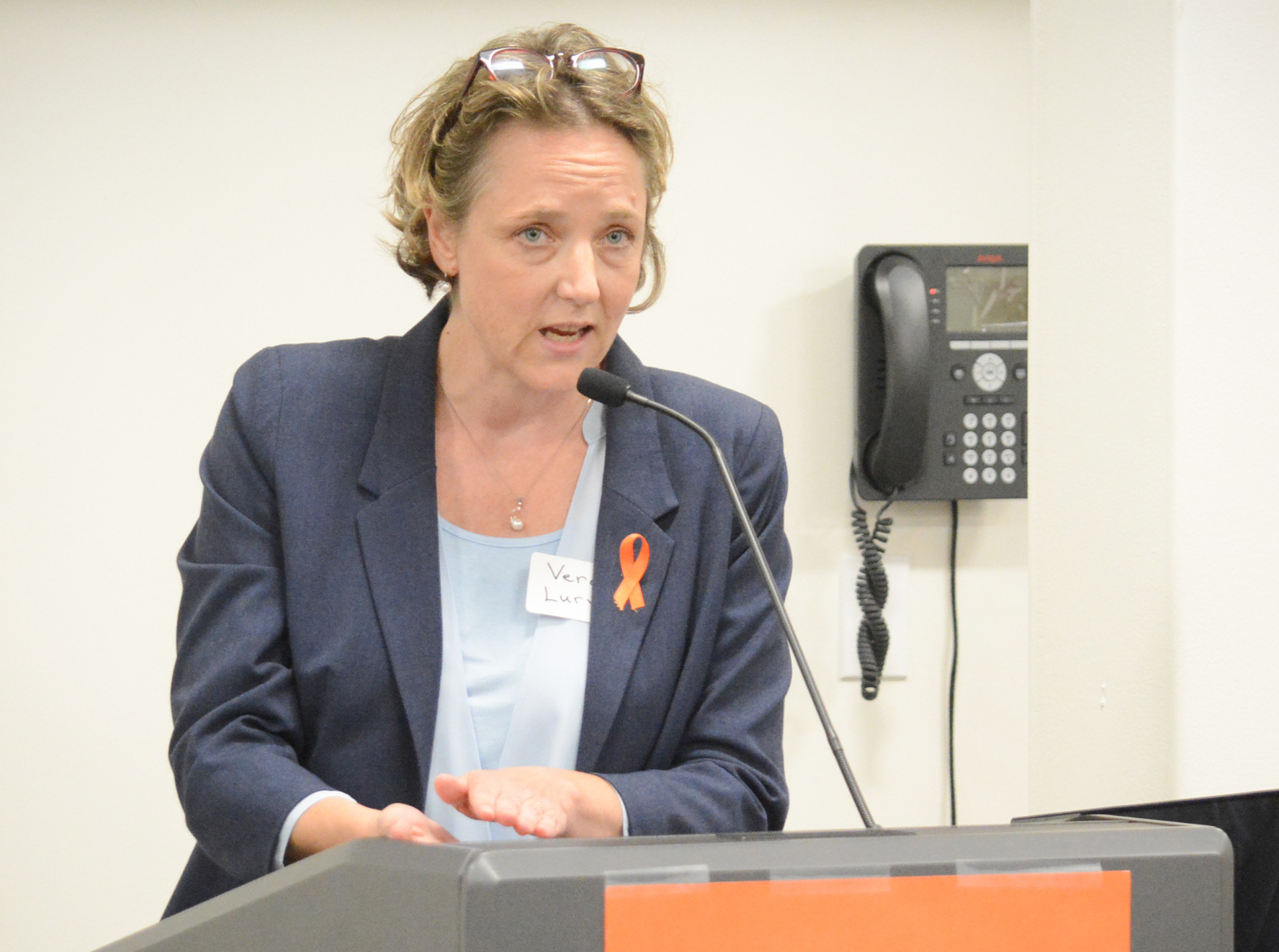 North Shore Action Co-President and founder Veronica Lurvey, seen here at a gun violence prevention forum in 2018, will be succeeding Anna Kaplan on the North Hempstead Town Board. (Photo by Janelle Clausen)