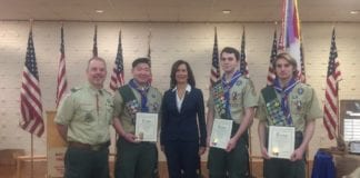 Troop 201 Scoutmaster Mike Russo, Jordan Chin, Legislator Ellen Birnbaum, Nicolas Ryan and Michael Marcy. (Photo courtesy of Legislator Ellen Birnbaum's office)