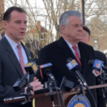 Tom Suozzi and Peter King discuss newly introduced legislation to repeal the limits on state and local tax reductions. (Photo courtesy of Rep. Tom Suozzi's office)