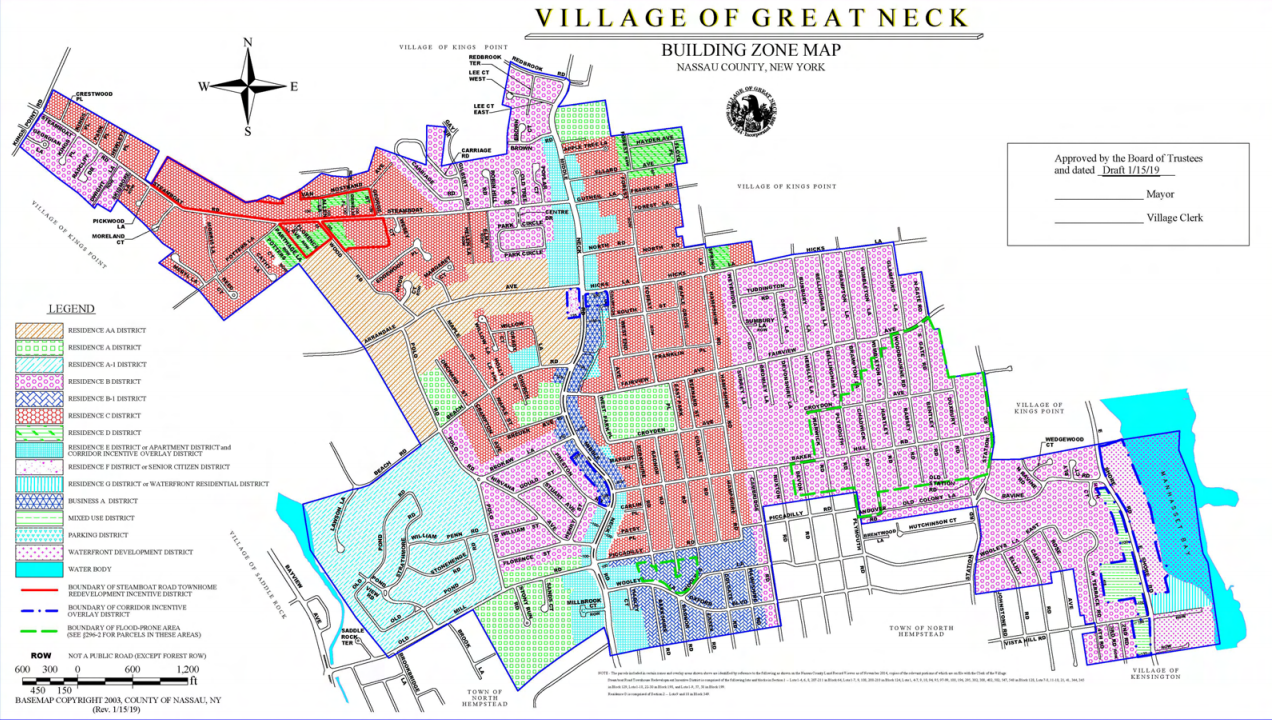 The proposed zoning change would create the Corridor Incentive Overlay District, which includes parts of Middle Neck Road and East Shore Road. (Photo courtesy of the Village of Great Neck)