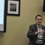 Christopher Kobos of H2M Architects and Engineers discusses Geographic Information System (GIS) mapping at the Plandome Manor village board meeting on Feb. 19. (Photo by Samuel Glasser)