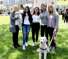 Terry Gallogly of the Therapy Dogs of Long Island, holding shichon Pumpkin, is joined by North High Animal Rights Club members Alexandra Delafraz and Sophia Mahfar, club advisor Jordana Cohen, and club member Ava Spielman, who is with Barbie, a golden doodle. (Photo courtesy of Great Neck Public Schools)