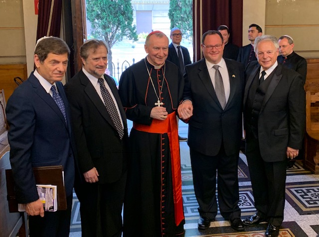Cantors Raphael Frieder, Ofer Barnoy and Nathan Lam, pictured here with Ambassador Oren David and Cardinal Pietro Parolin, performed in a concert at the Great Synagogue celebrating 25 years of diplomatic relations between the Vatican and Israel. (Photo courtesy of Raphael Frieder)