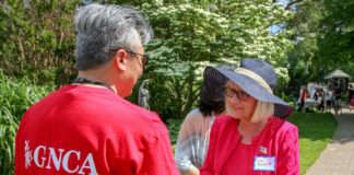 Supervisor Judi Bosworth speaks with a member of the Great Neck Chinese Association on June 9 at an annual picnic where John Motchkavtiz, Kingsley Liu and Li Chang were honored for their dedication the GNCA. (Photo courtesy of Town of North Hempstead)