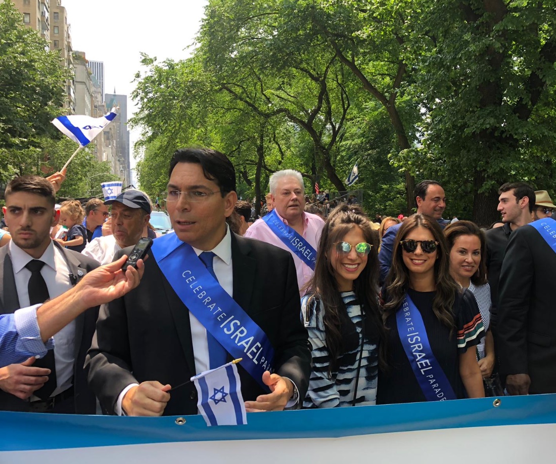 UN Ambassador from Israel, Danny Danon, marches in Celebrate Israel Parade with other UN Ambassadors and Great Neck Estates residents Lia and Dana Brody, Esq. in center, with sunglasses. (Photo courtesy of Dr. Paul Brody)