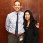 North High School junior Preethi Kumar is congratulated by Principal Daniel Holtzman for being recognized by the Anti-Defamation League. (Photo courtesy of Great Neck Public Schools)