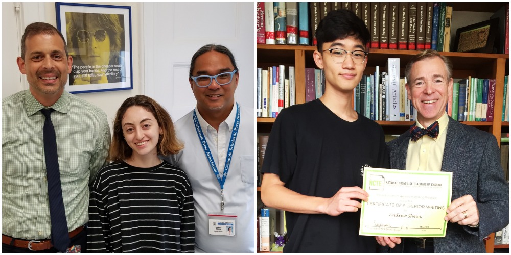 Chloe Heiden, pictured with North High Principal Daniel Holtzman and English teacher Edward Baluyut, and Andrew Sheen, pictured with South High English Department head David Manuel, were recognized for their writing. (Photos courtesy of Great Neck Public Schools)