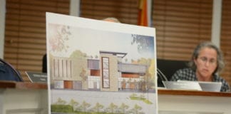 A rendering of the proposed recreational center for the United Mashadi Jewish Community of America sits in front of the Village of Great Neck Board of Trustees. (Photo by Janelle Clausen)