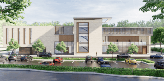 Representatives for the United Mashadi Jewish Community of America revealed a new rendering of its proposed recreational center on Tuesday night. (Rendering by Mojo Stumer)