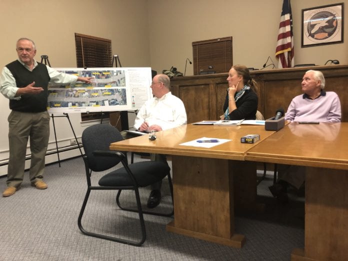 Project lead Gil Anderson, left, presents the plans for Manorhaven Boulevard, as Nassau County Public Works Commissioner Ken Arnold, Nassau County Legislator Delia DeRiggi-Whitton and Manorhaven Mayor Jim Avena look on at a 2019 meeting regarding the plans. (Photo by Rose Weldon)